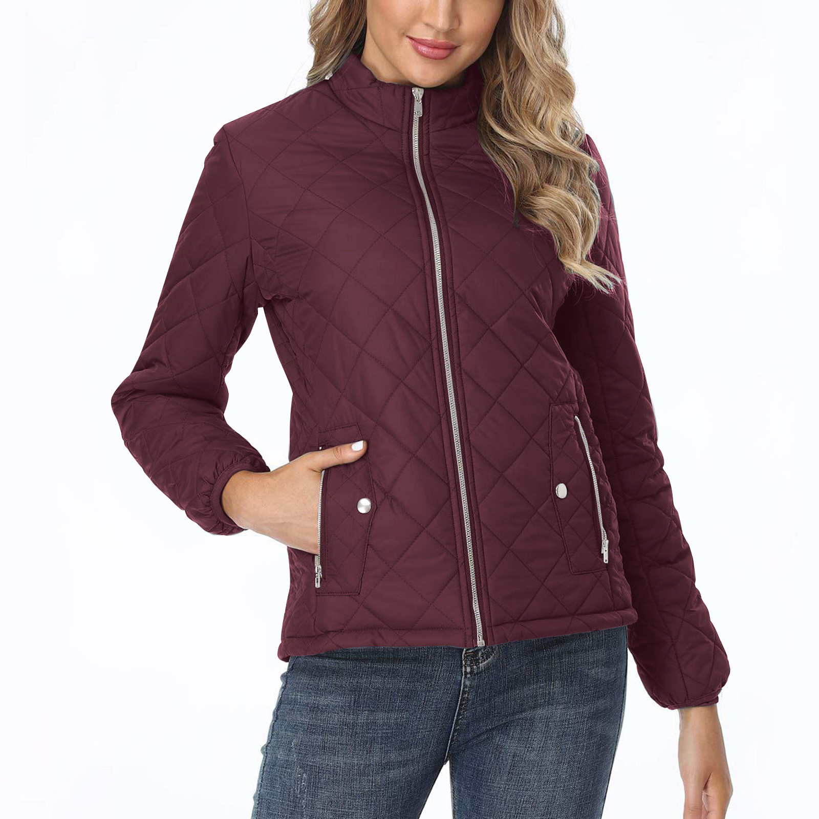 Njoeus Diamond Quilted Jacket for Women Stand Collar Lightweight Puffer Jacket Spring Fall Winter Padded Coat with Pockets